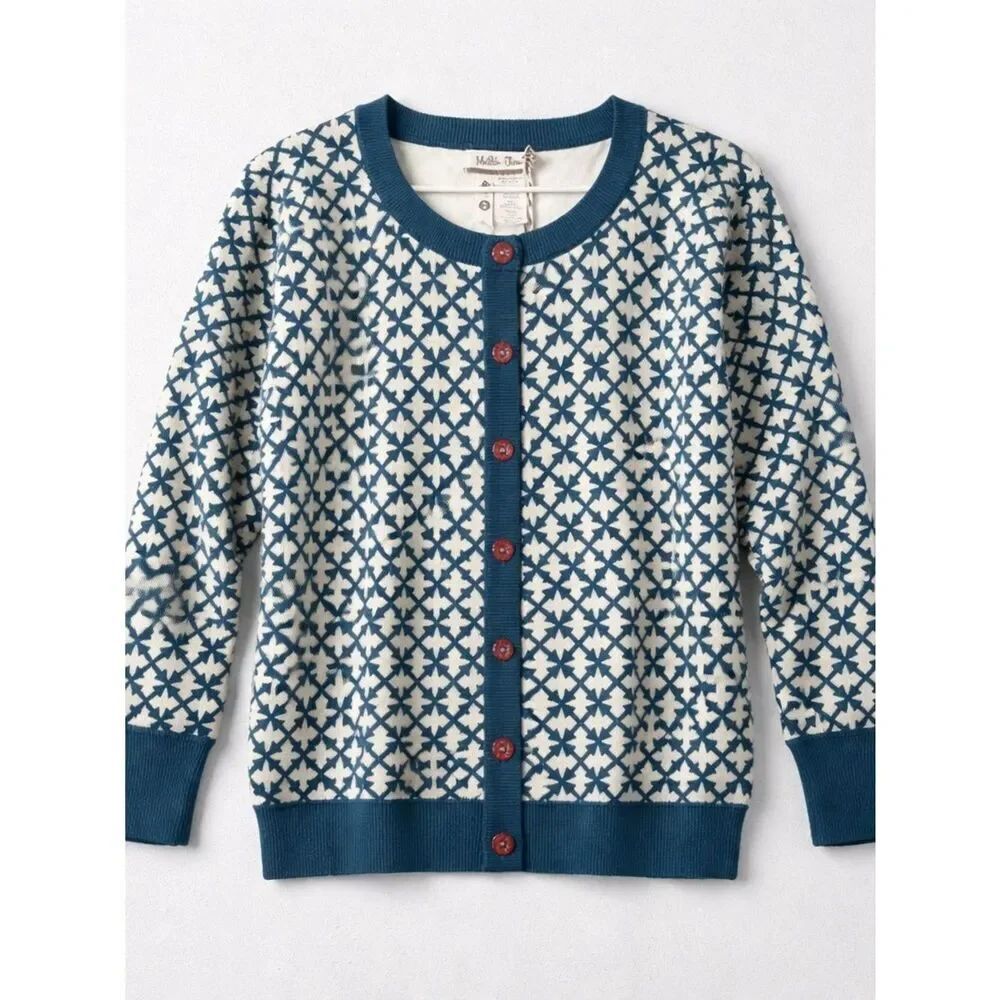 Matilda Jane Windy City Cardigan in a teal star check pattern. NWT size 2